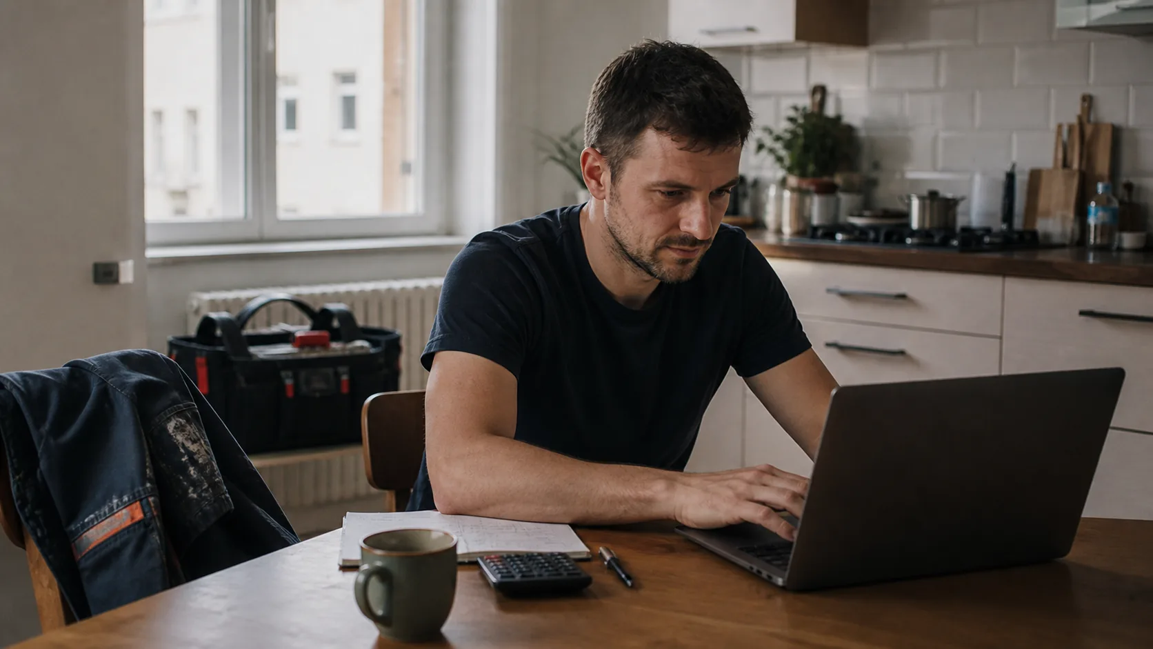 Začínající OSVČ vytváří první fakturu u domácího pracovního stolu